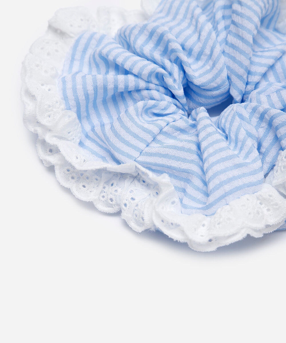 elástico de cabelo srunchie listrado com laise azul