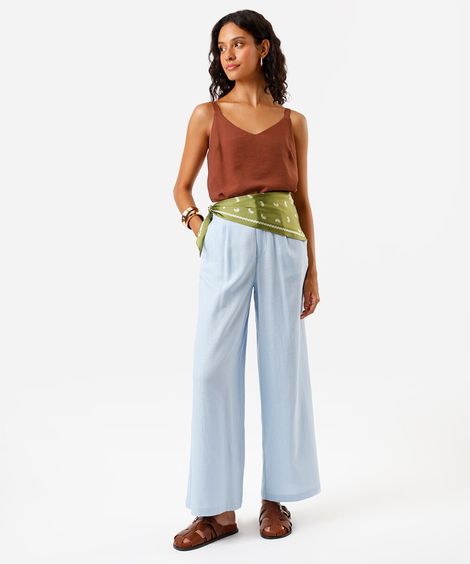 calça wide leg feminina com linho azul