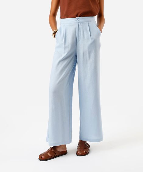 calça wide leg feminina com linho azul