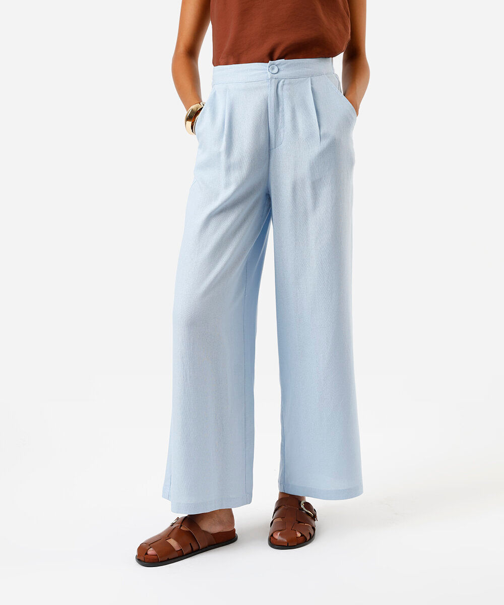 calça wide leg feminina com linho azul