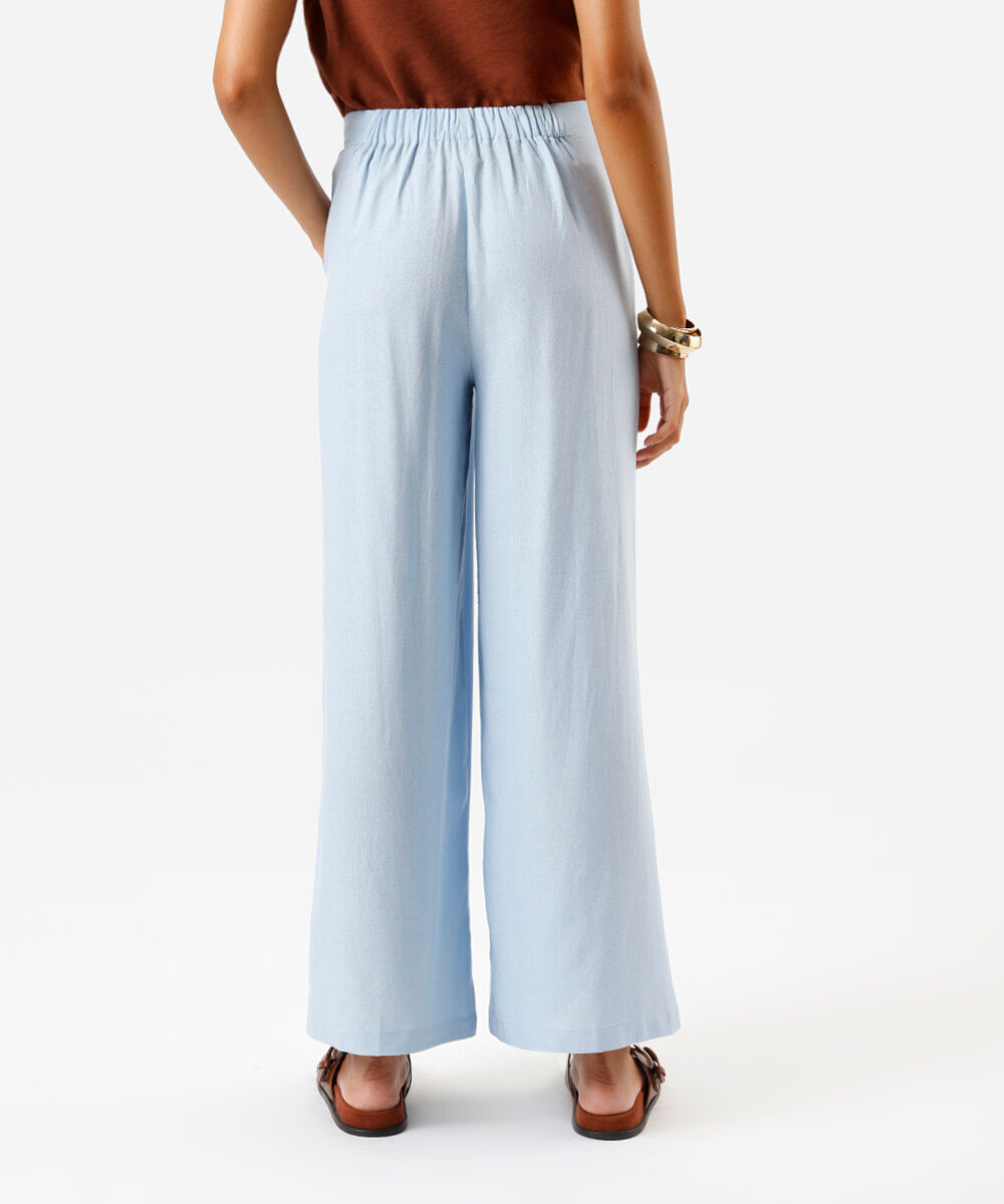 calça wide leg feminina com linho azul