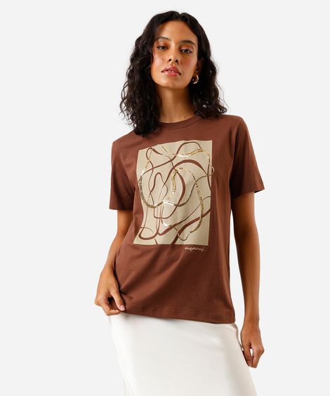 camiseta feminina com paetê marrom