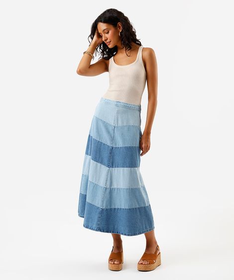 saia feminina jeans midi cintura super alta patchwork chevron azul