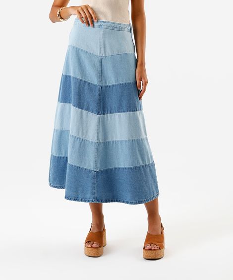 saia feminina jeans midi cintura super alta patchwork chevron azul
