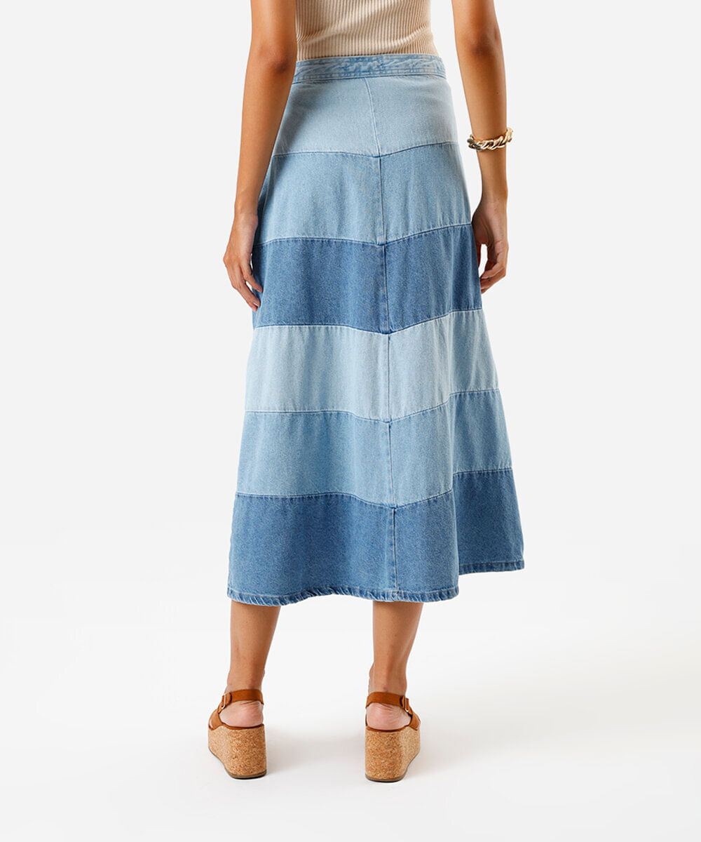 saia feminina jeans midi cintura super alta patchwork chevron azul