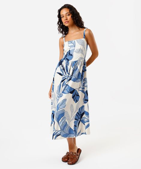 vestido midi feminino com linho folhagem azul