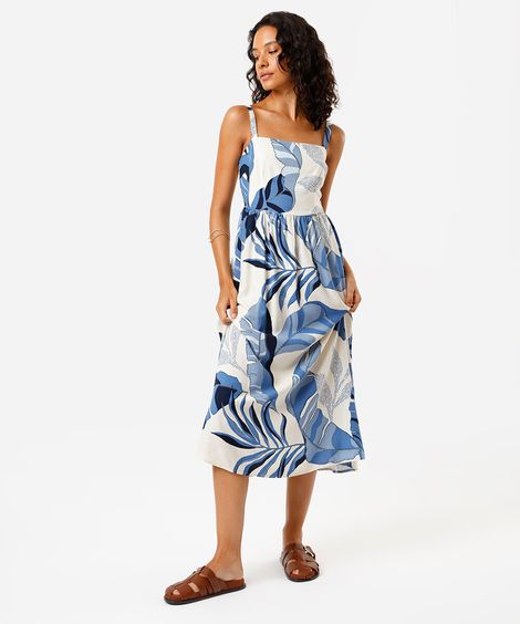 vestido midi feminino com linho folhagem azul