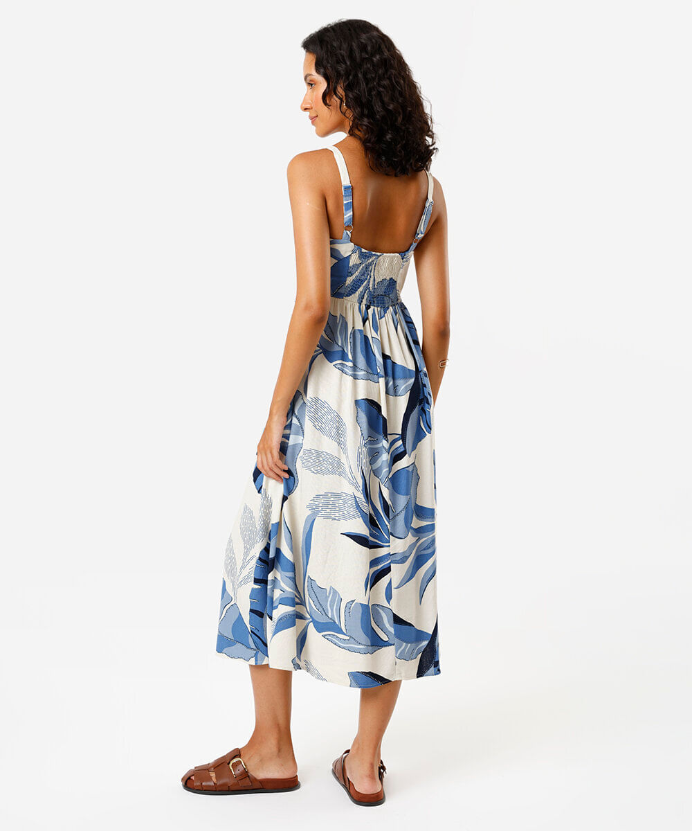 vestido midi feminino com linho folhagem azul