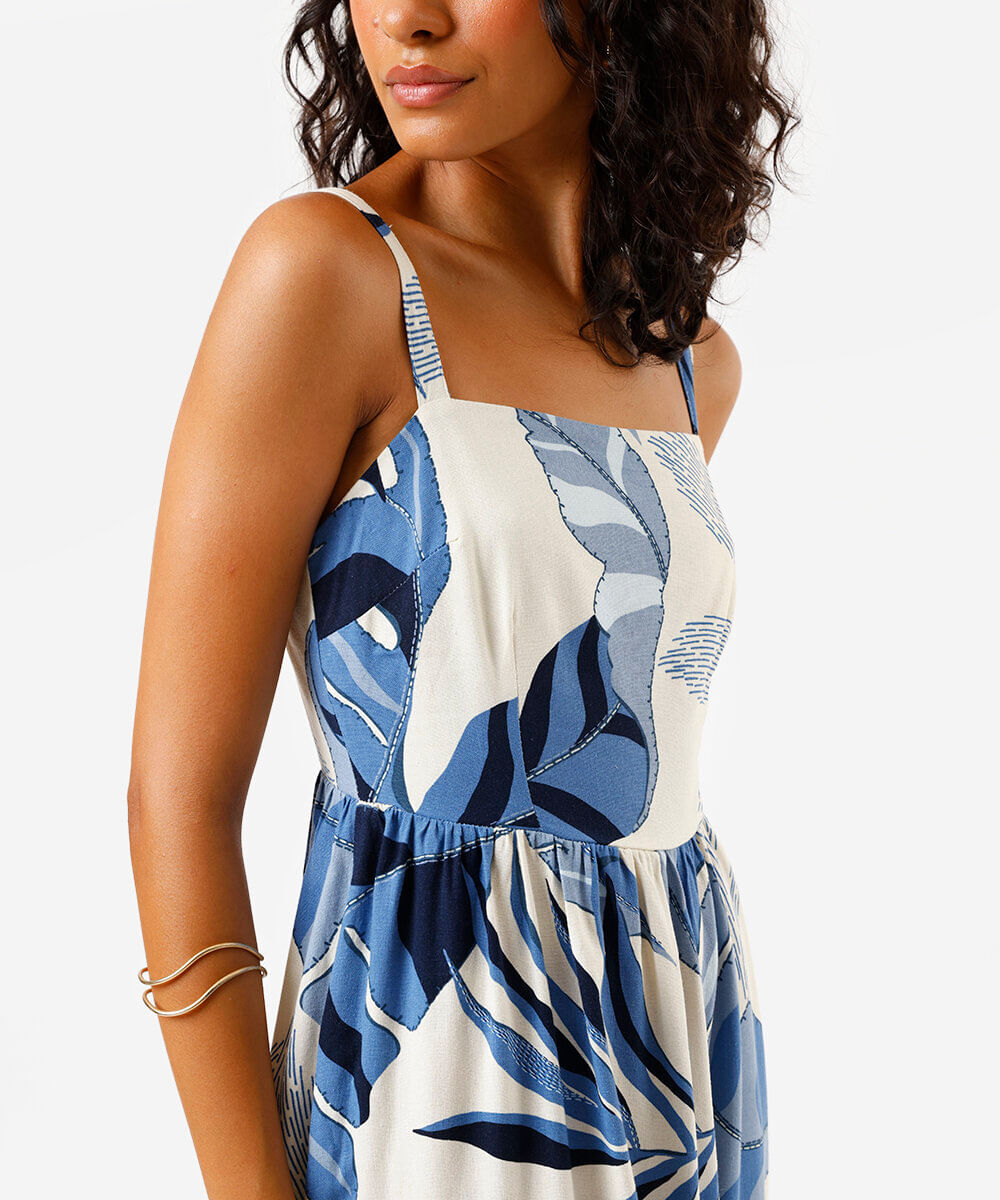 vestido midi feminino com linho folhagem azul