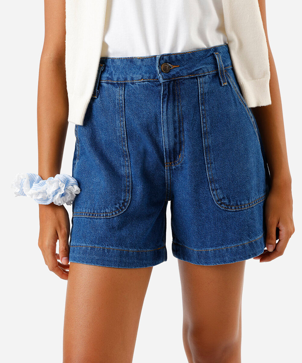 bermuda feminina midi cintura super alta jeans azul