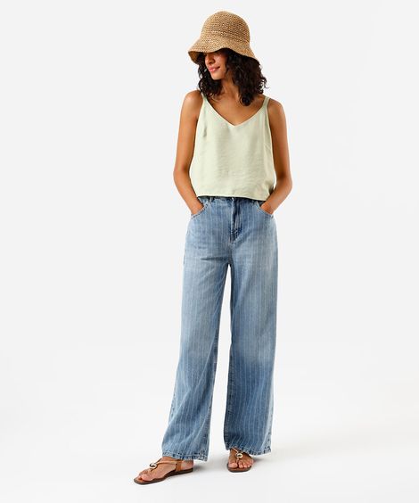 calça feminina oversized cintura média listrada azul