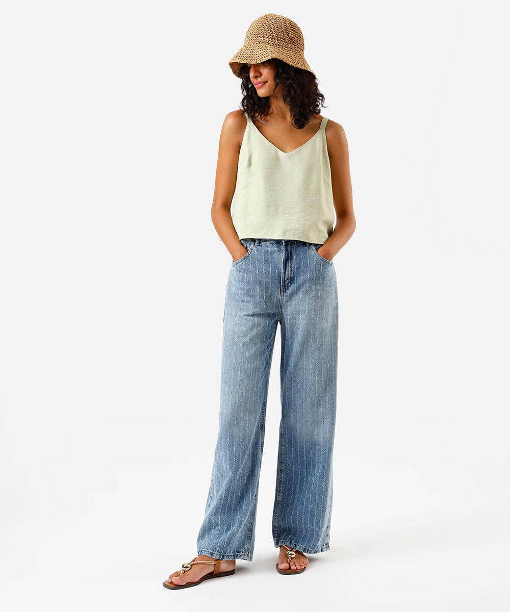 calça feminina oversized cintura média listrada azul