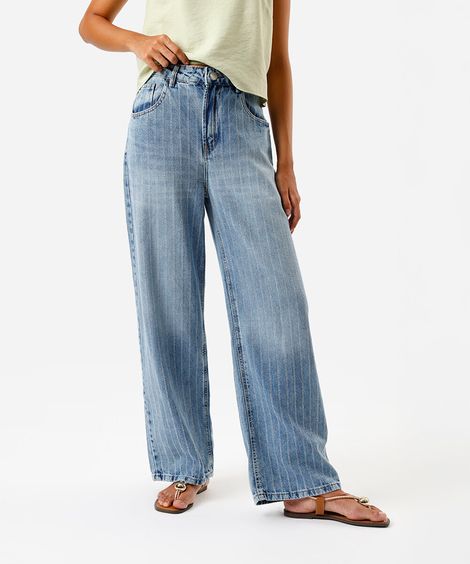 calça feminina oversized cintura média listrada azul