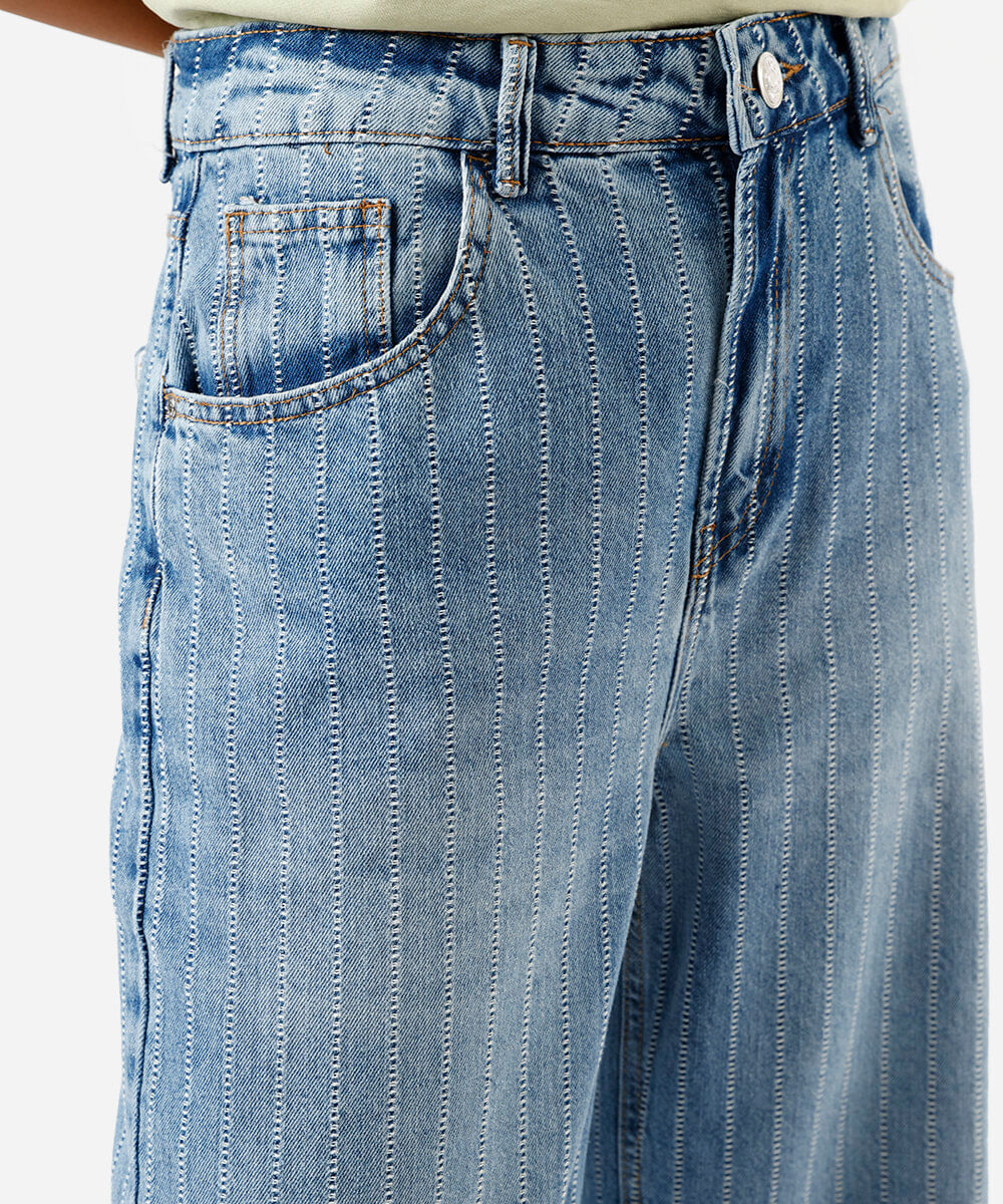 calça feminina oversized cintura média listrada azul