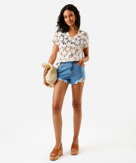 short feminino jeans cintura super alta barra desfiada azul