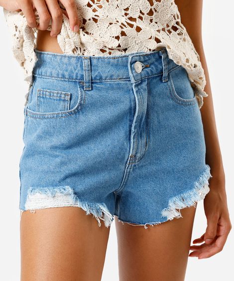 short feminino jeans cintura super alta barra desfiada azul