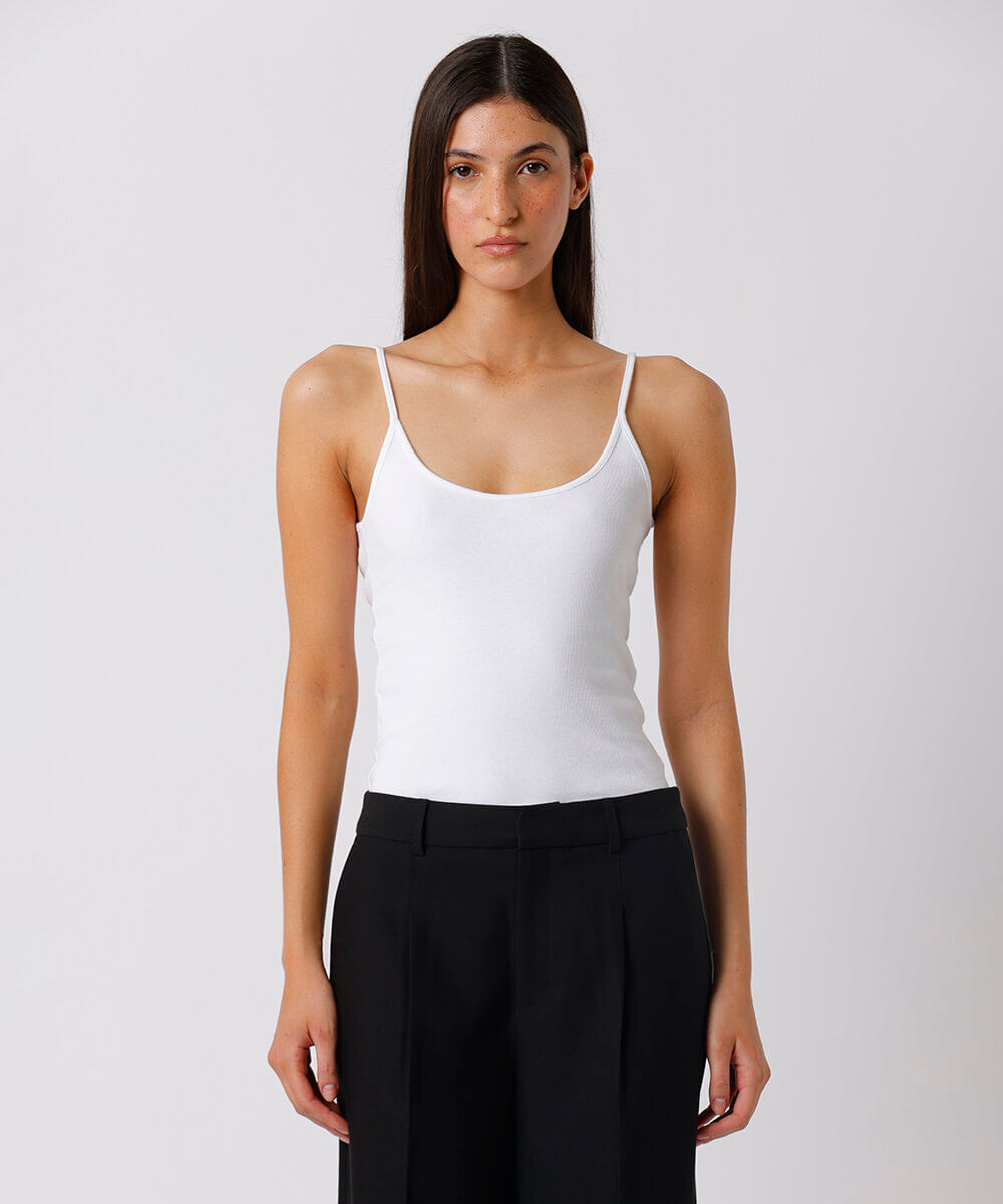 regata feminina de algodão peruano alça fina canelada mindset branca