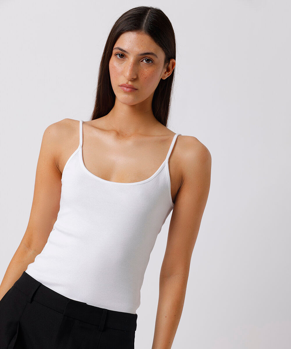 regata feminina de algodão peruano alça fina canelada mindset branca