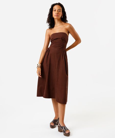vestido midi feminino de sarja sem alça marrom