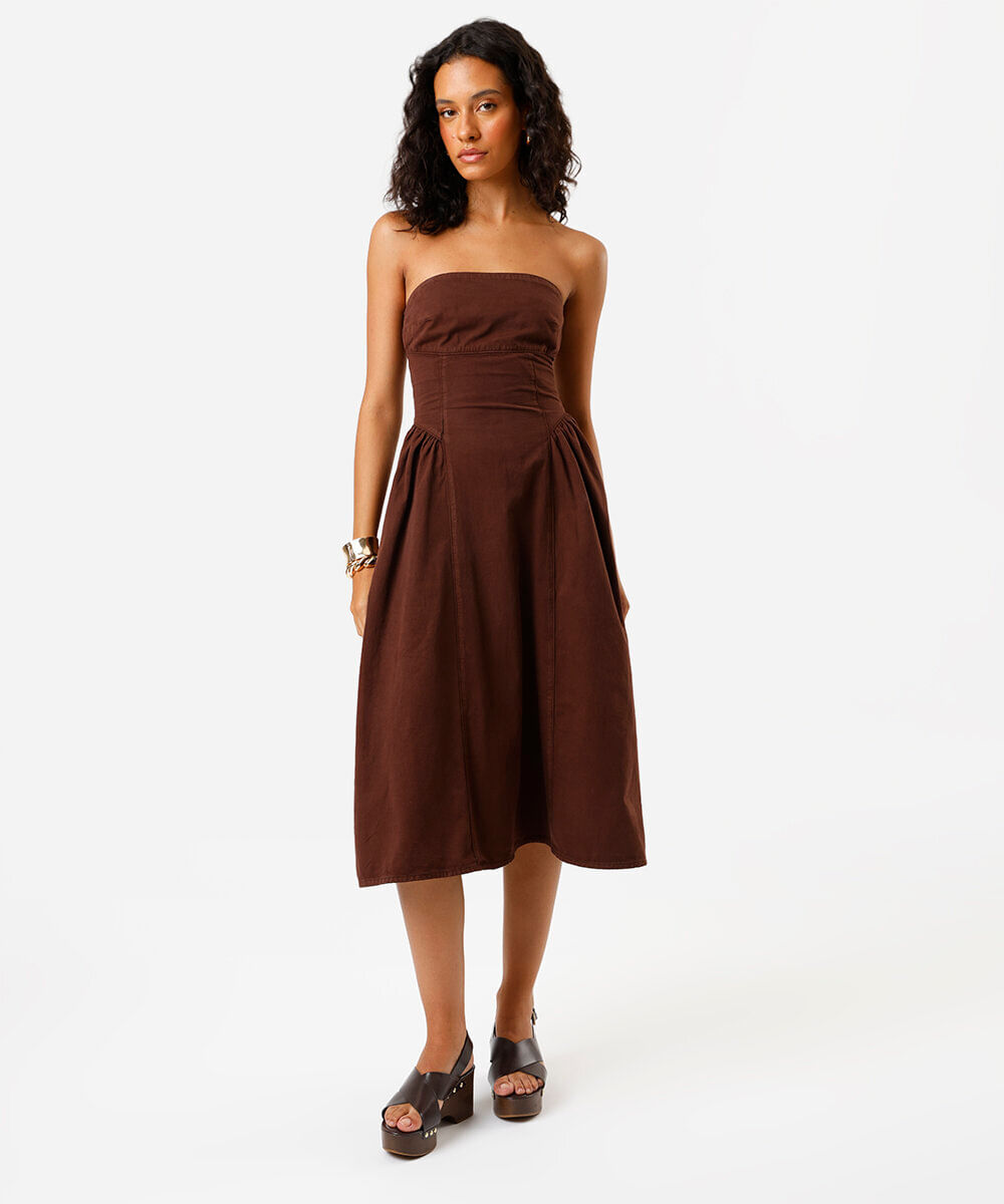 vestido midi feminino de sarja sem alça marrom