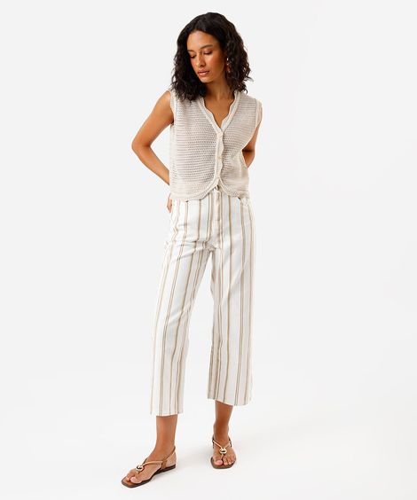 calça femina wide slim cintura alta listrada off white