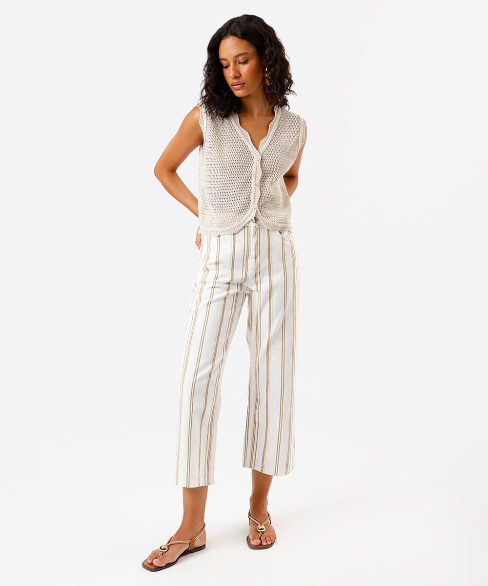calça femina wide slim cintura alta listrada off white