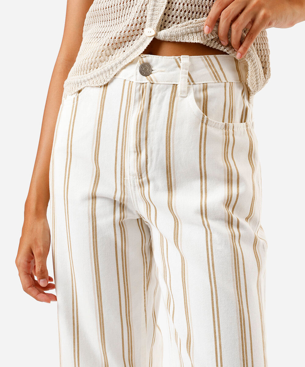 calça femina wide slim cintura alta listrada off white