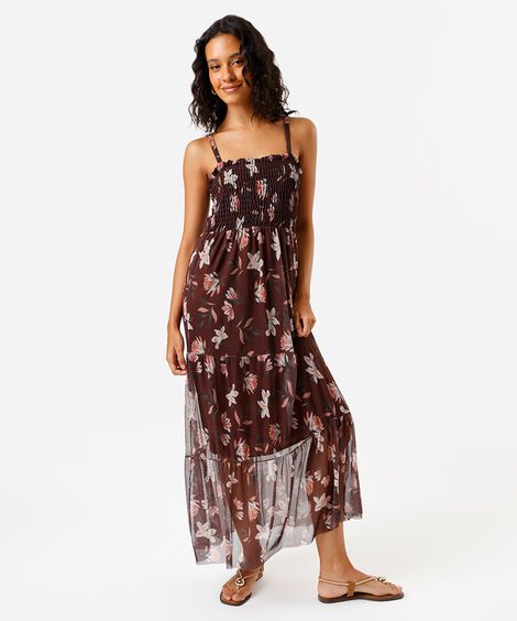 vestido longo feminino de tule estampado marrom
