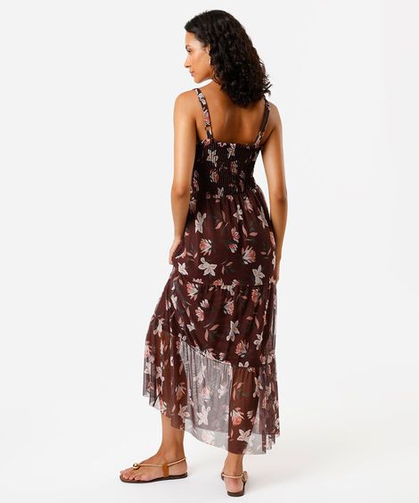 vestido longo feminino de tule estampado marrom