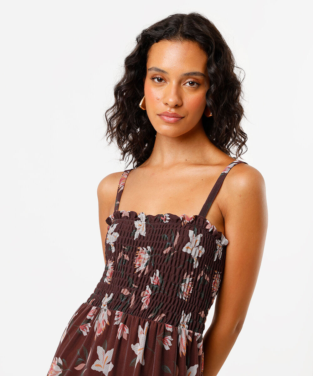 vestido longo feminino de tule estampado marrom