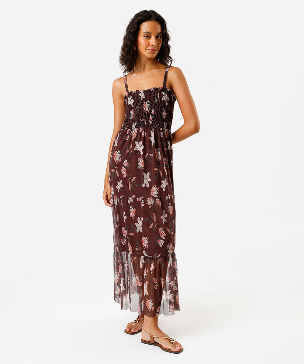 vestido longo feminino de tule estampado marrom