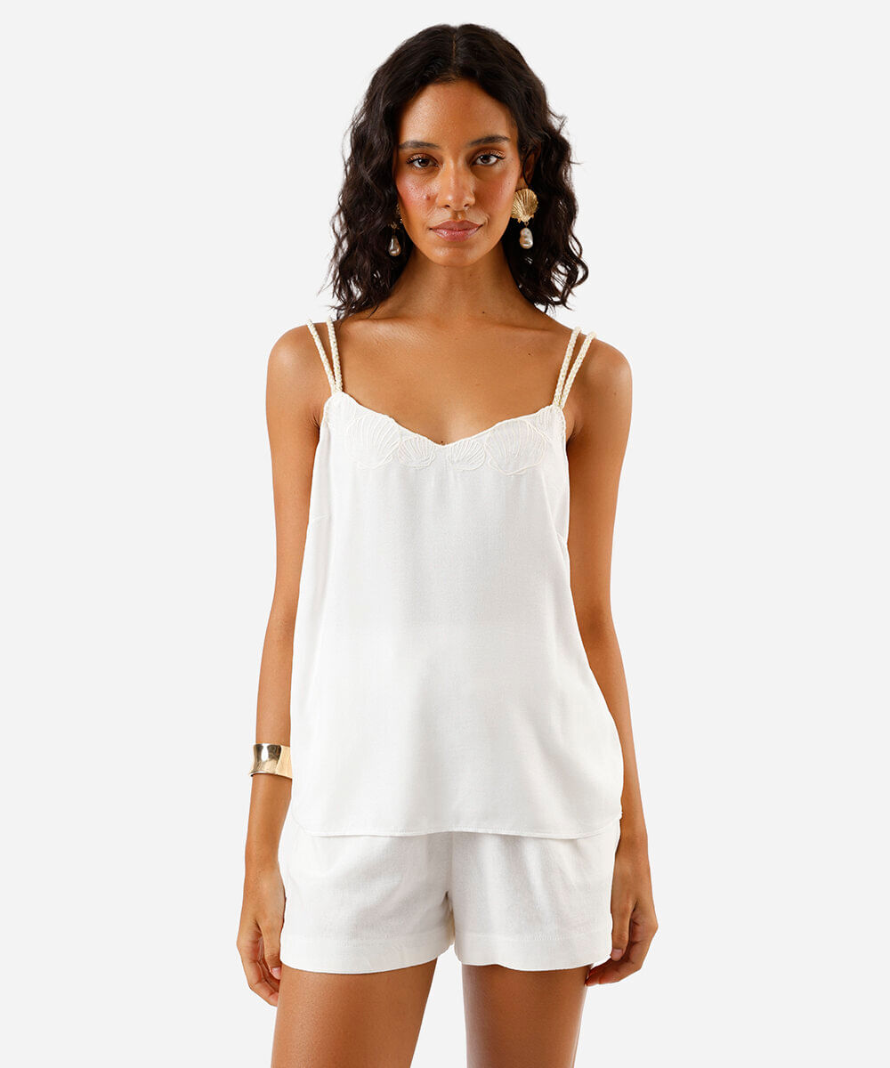 regata feminina de viscose alça dupla com conchas off white