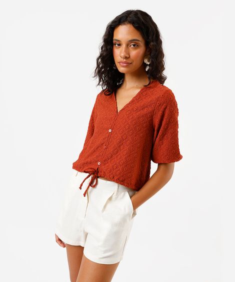 blusa feminina de laise manga bufante marrom