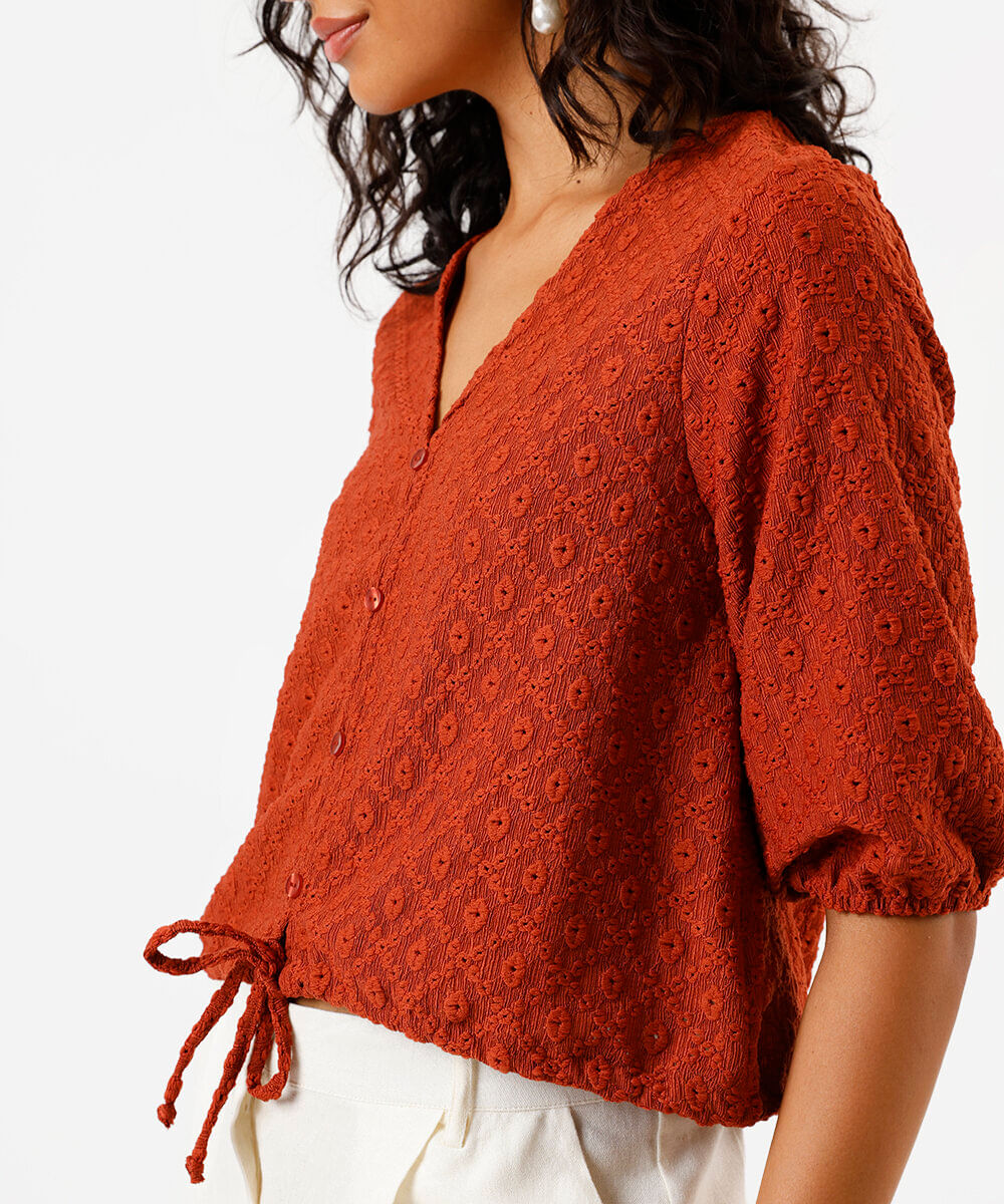 blusa feminina de laise manga bufante marrom