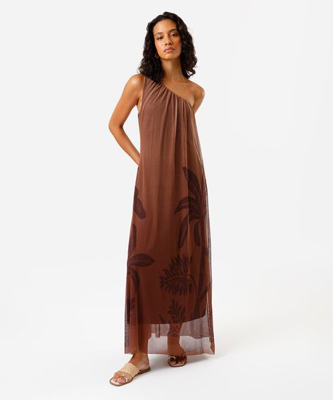 vestido longo feminino ombro único coqueiro marrom