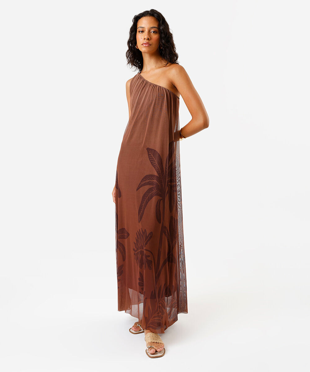 vestido longo feminino ombro único coqueiro marrom