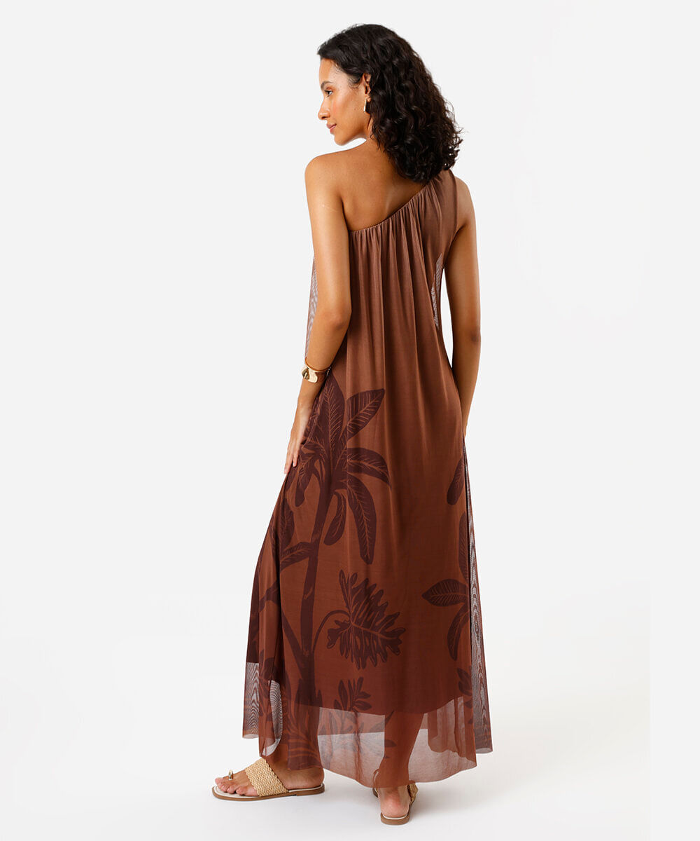 vestido longo feminino ombro único coqueiro marrom