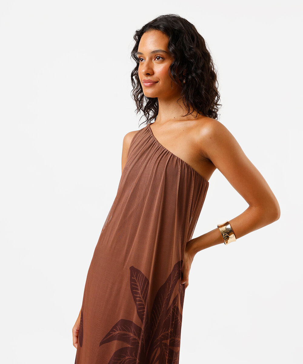 vestido longo feminino ombro único coqueiro marrom