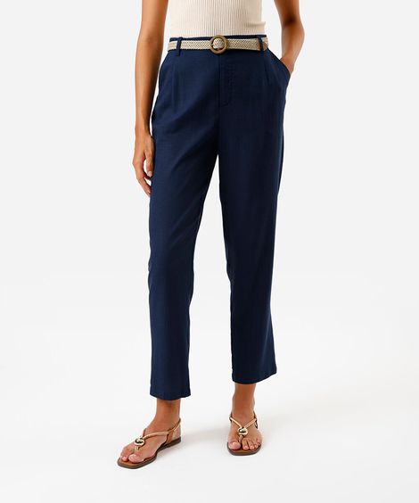 calça reta com linho e cinto azul