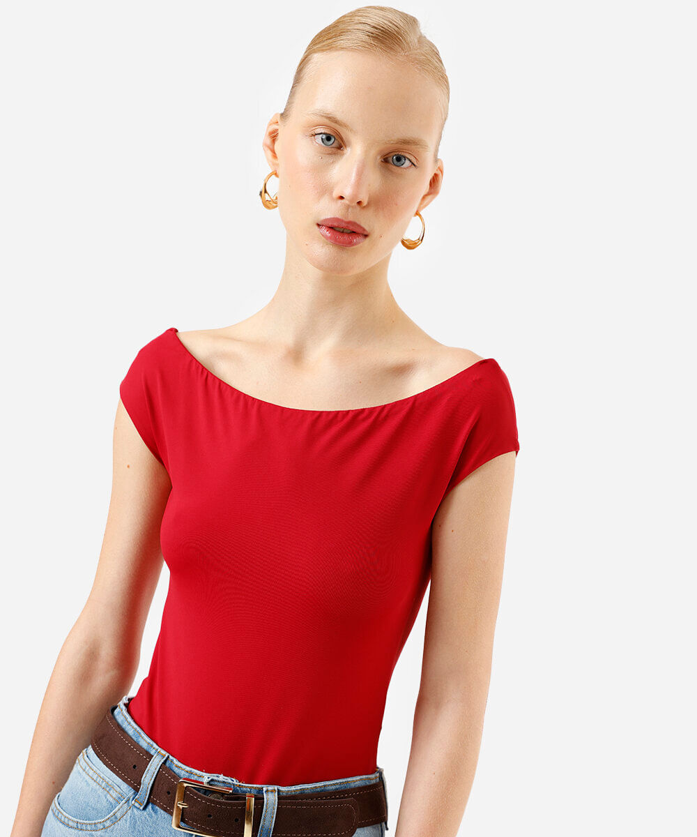 body ombro a ombro feminino de poliamida vermelho