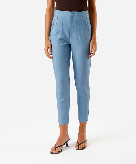 calça feminina de alfaiataria reta afunilada azul
