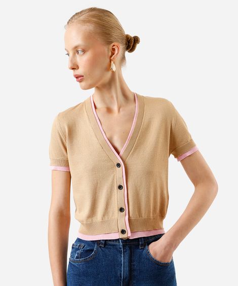 blusa feminina de tricot manga curta bicolor bege