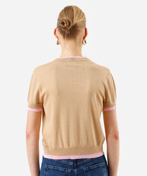 blusa feminina de tricot manga curta bicolor bege