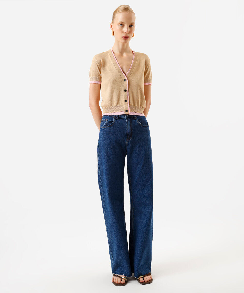 blusa feminina de tricot manga curta bicolor bege