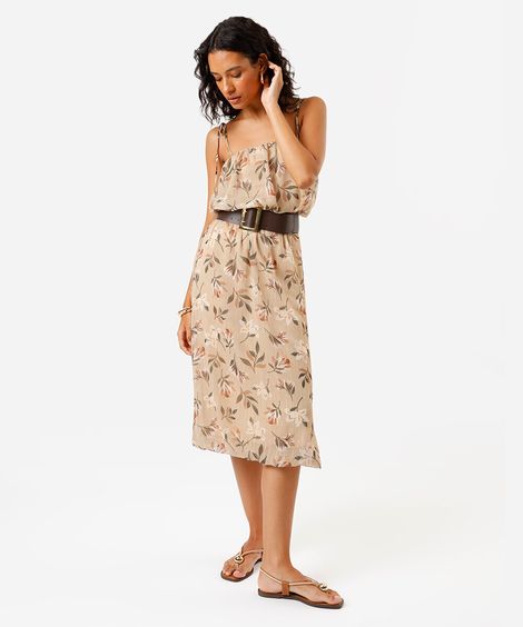 vestido midi feminino em chiffon alça fina estampado bege