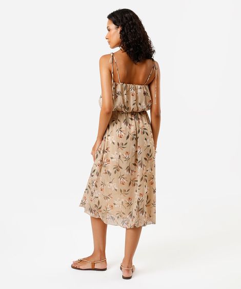 vestido midi feminino em chiffon alça fina estampado bege