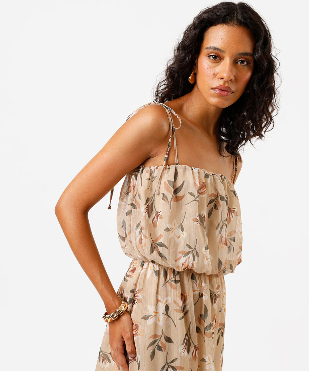 vestido midi feminino em chiffon alça fina estampado bege