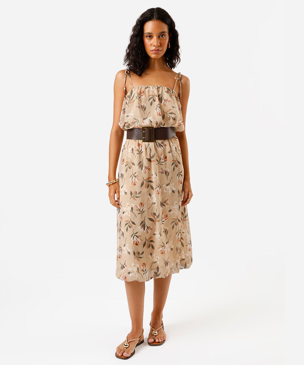 vestido midi feminino em chiffon alça fina estampado bege