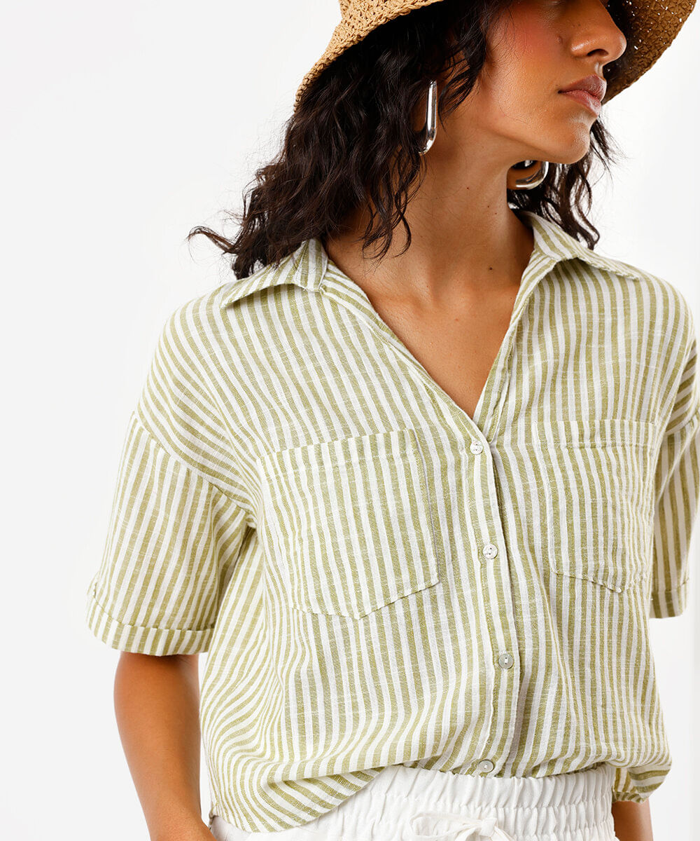 camisa feminina manga curta listrada verde