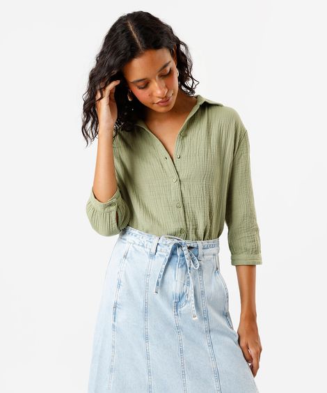 camisa feminina de algodão texturizada verde